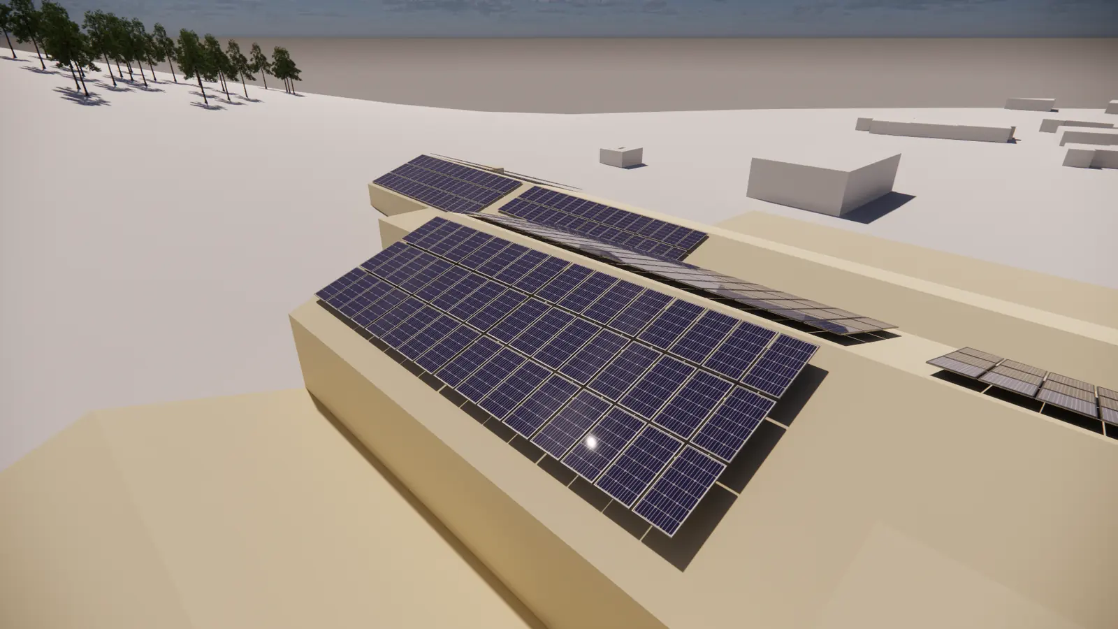 3D vizualizace fotovoltaických panelů na ploché střeše objektu