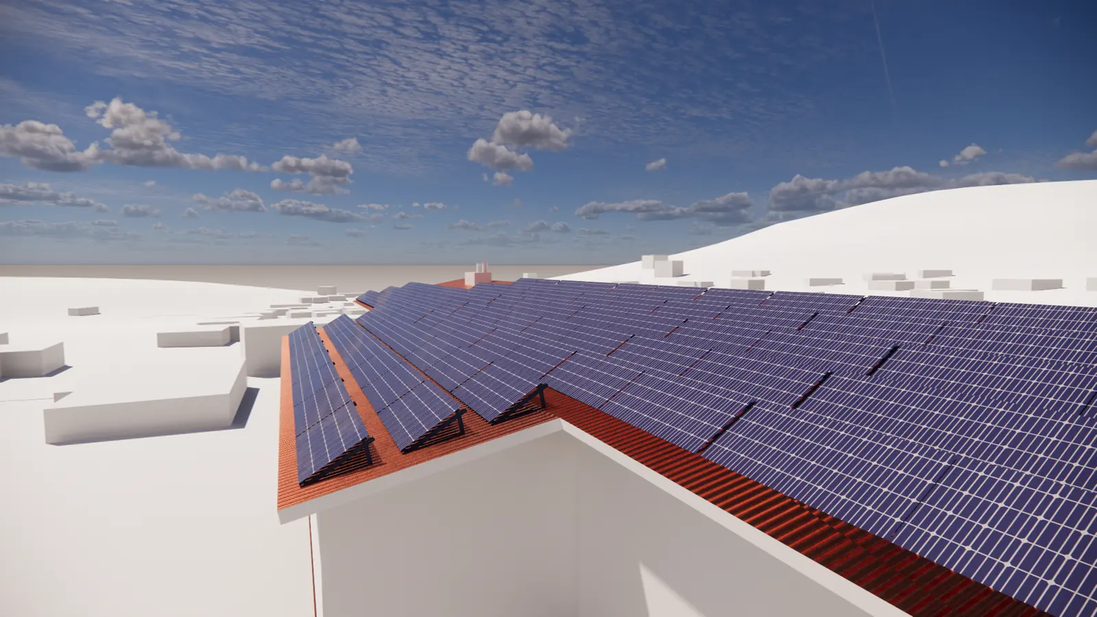 3D vizualizace rozložení fotovoltaických panelů na šikmé střeše